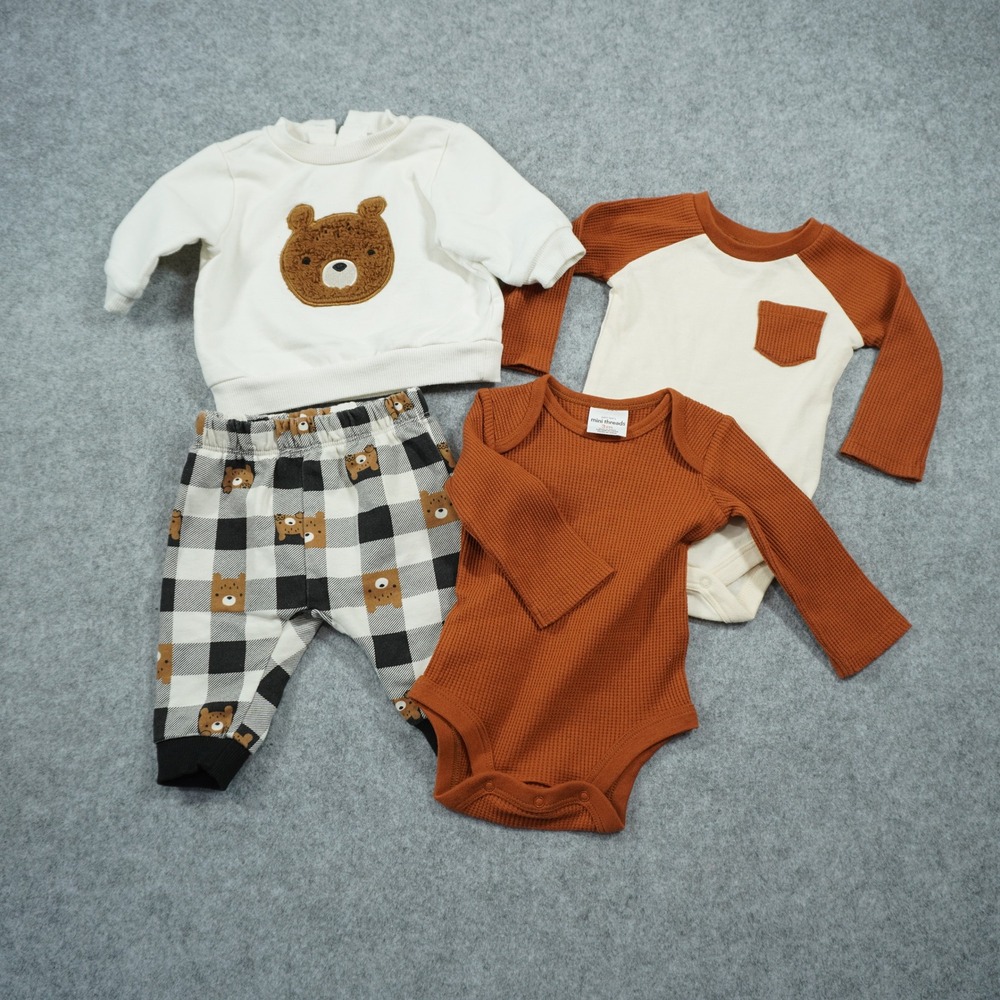 Petit Lem Mini Threads Baby Boy 4pc Bear Set Bodysuits Joggers Sweatshirt 3M